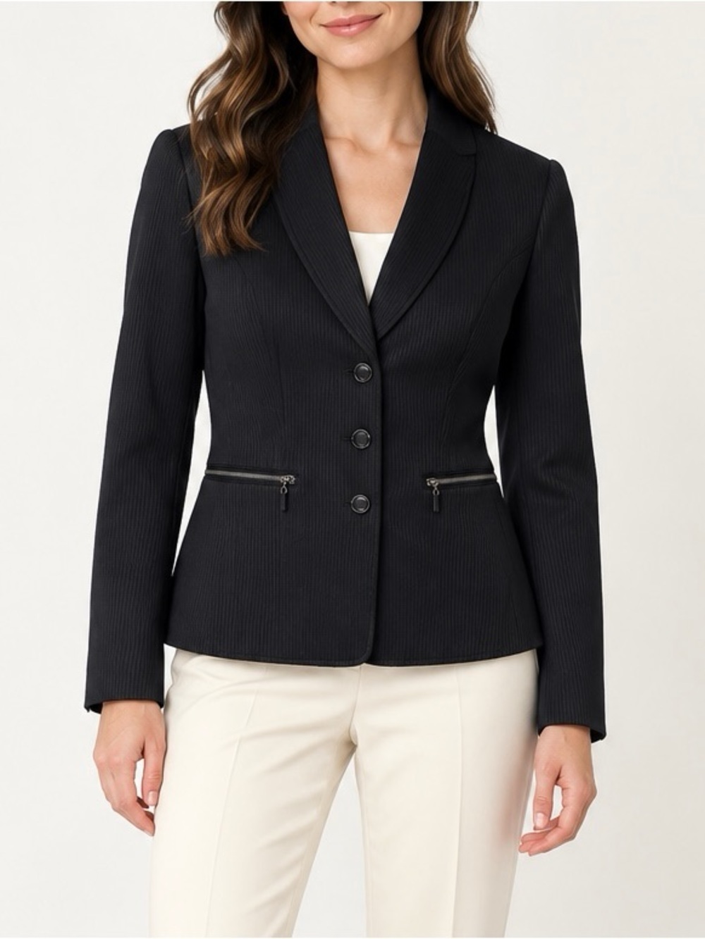 Tahari ASL Black Shadow Stripe Tailored Blazer Zip Pockets Petite 0P